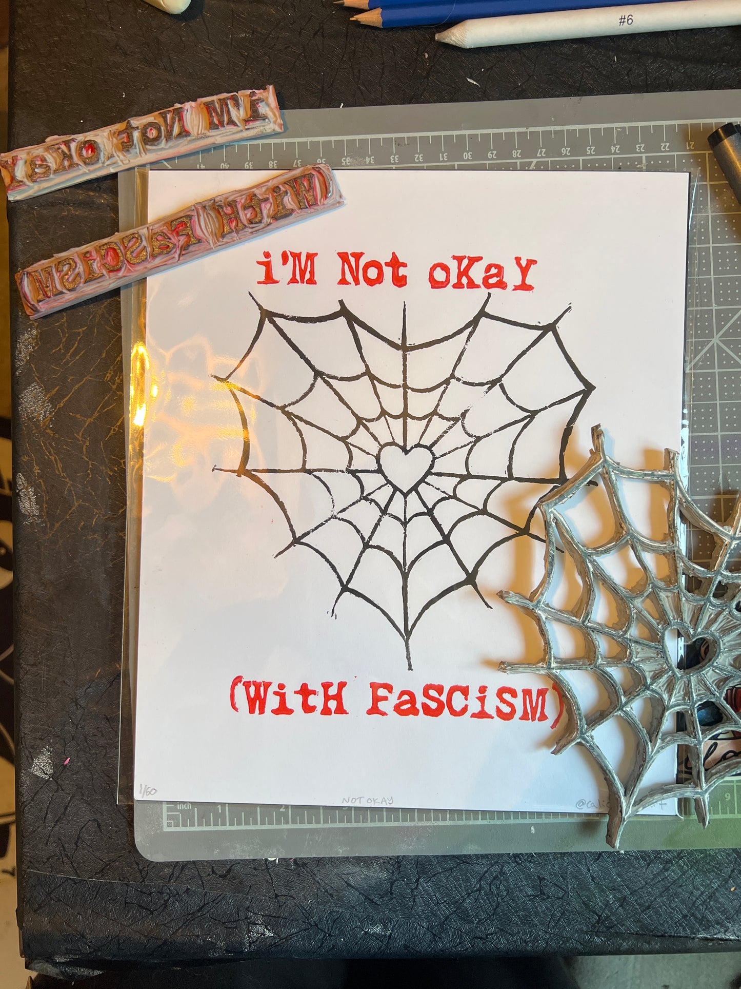 Not Okay Handmade Spiderweb Heart linocut Print
