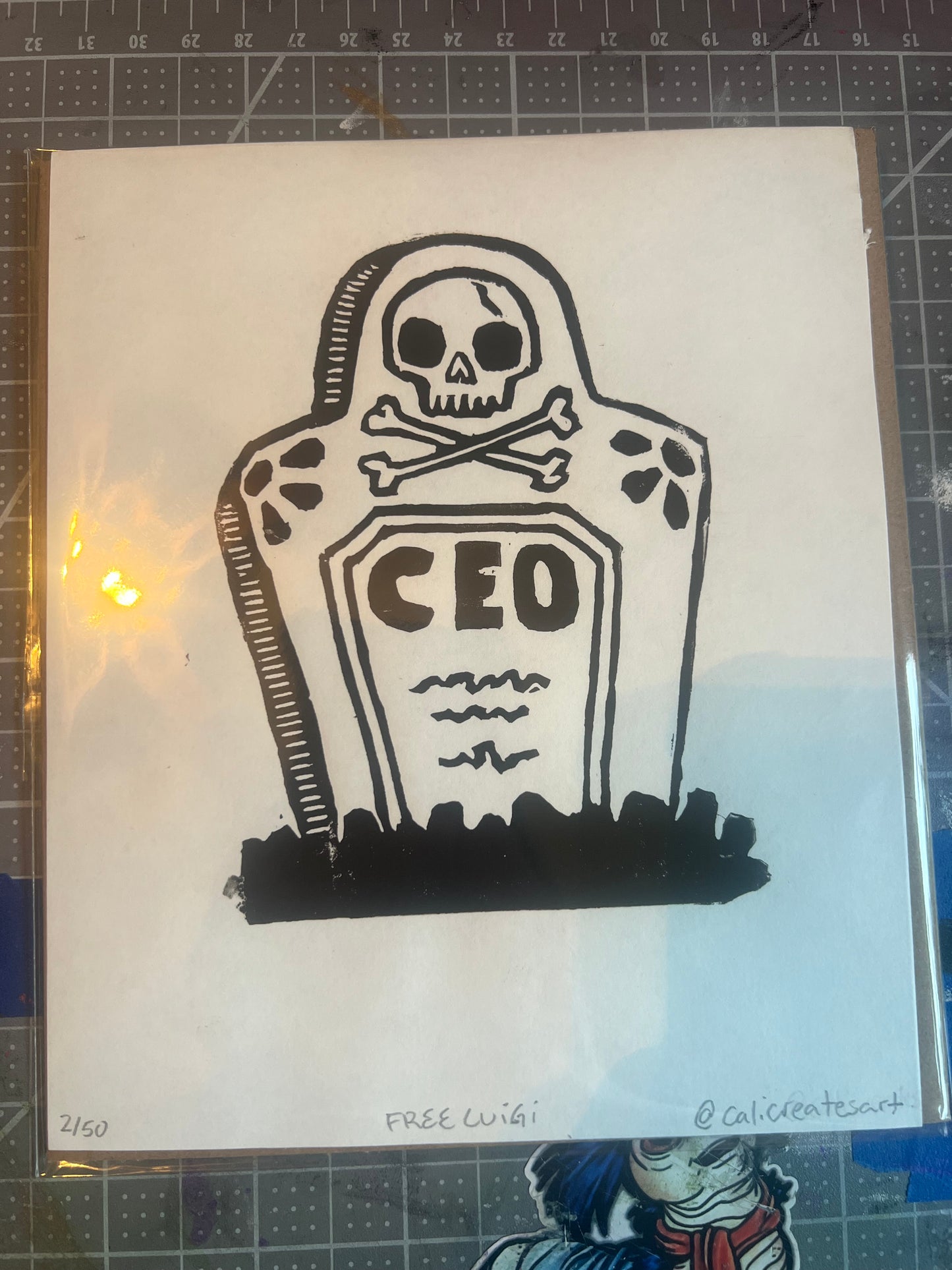 FREE LUIGI linocut CEO GRAVESTONE linocut handmade print