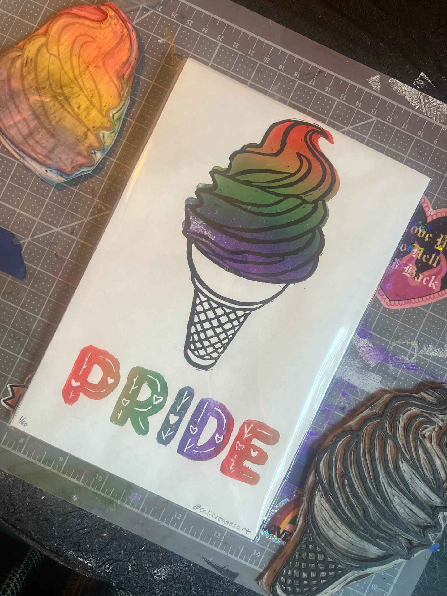 Gay Pride Flag Ice Cream Cone Linocut Handmade Print