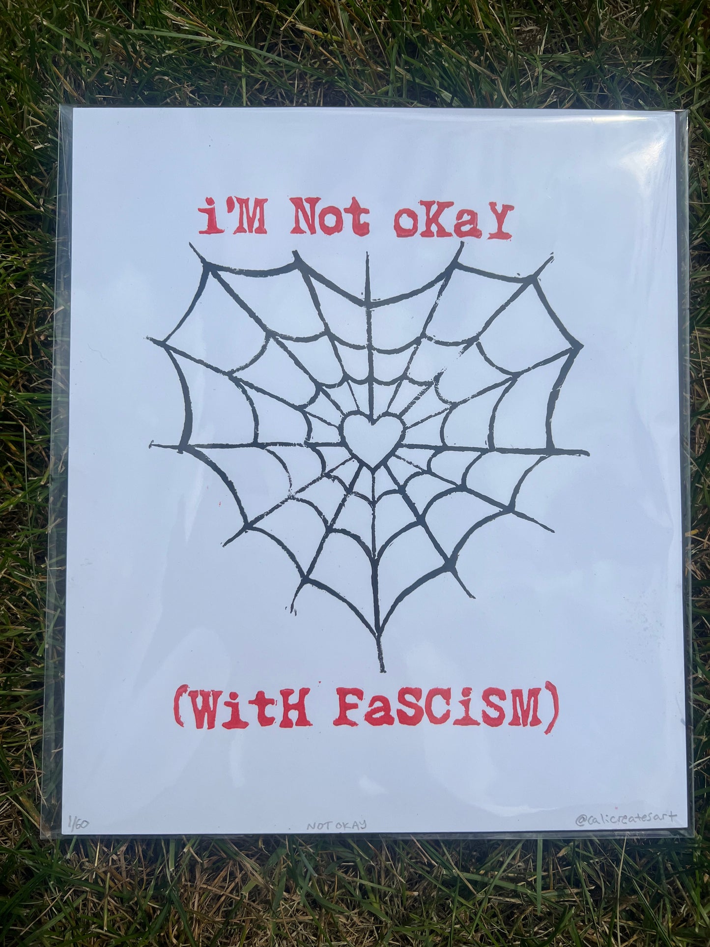 Not Okay Handmade Spiderweb Heart linocut Print