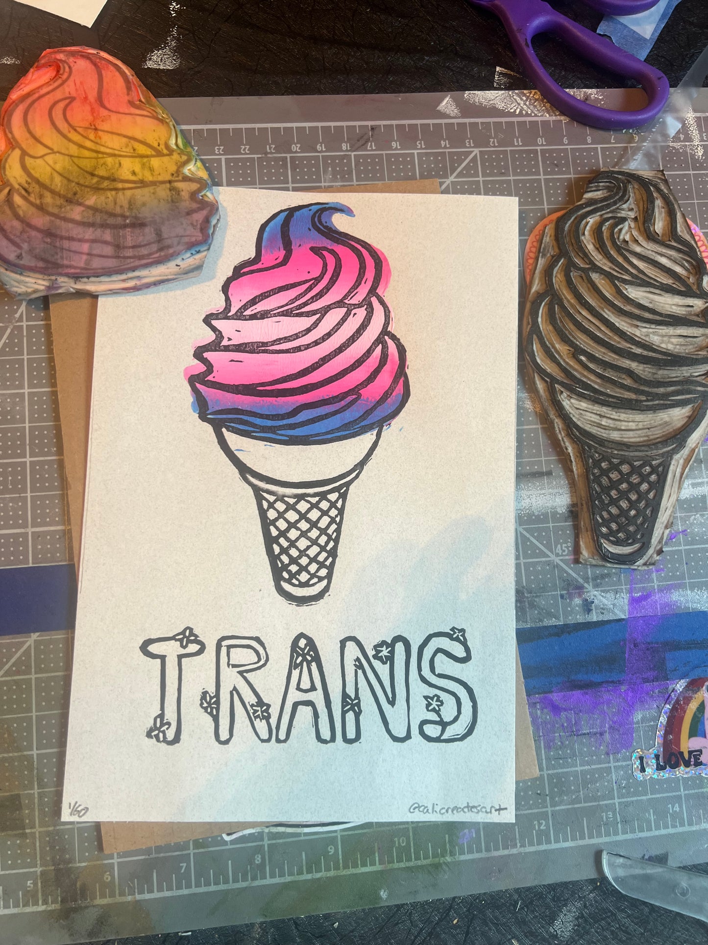 TRANS pride flag linocut ice cream cone handmade print