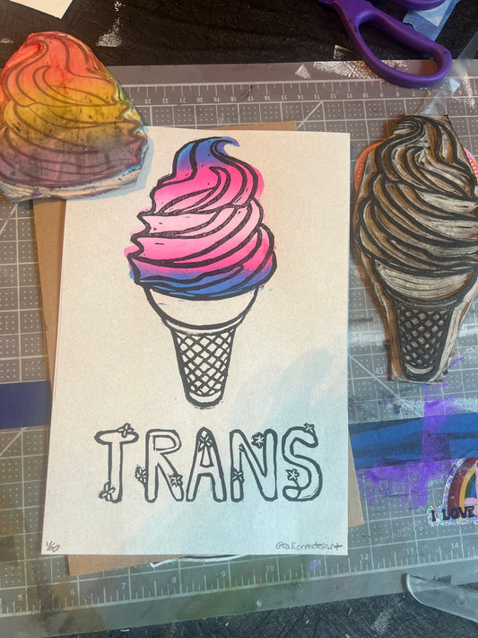 TRANS pride flag linocut ice cream cone handmade print