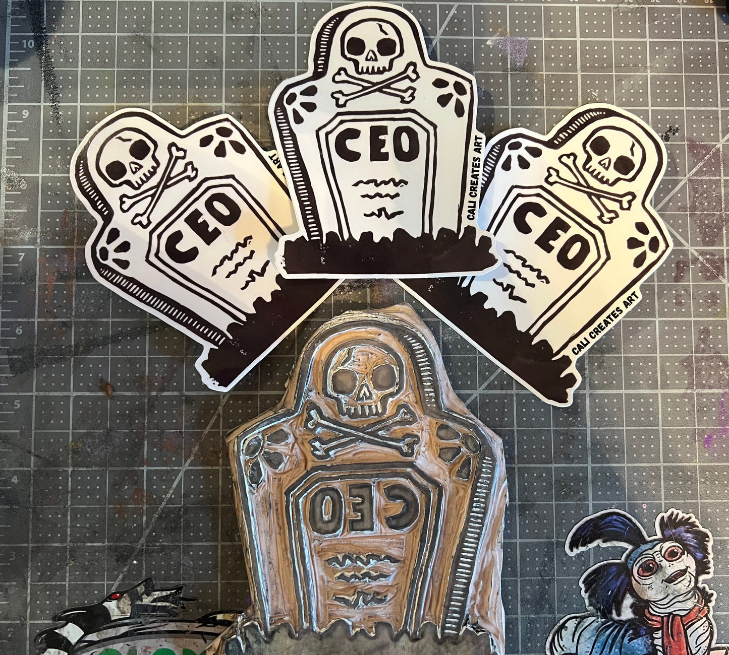 FREE LUIGI linocut sticker CEO Gravestone
