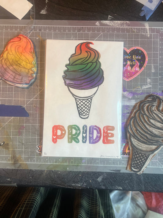 Gay Pride Flag Ice Cream Cone Linocut Handmade Print