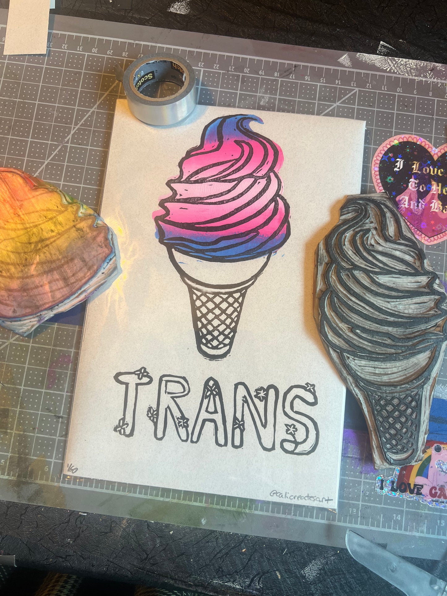TRANS pride flag linocut ice cream cone handmade print