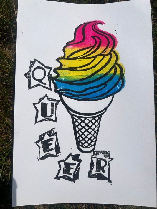 Queer Pan Pride Flag Ice Cream Handmade Linocut Print