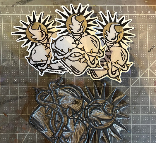 SACRAMENT in GOLD linocut sticker