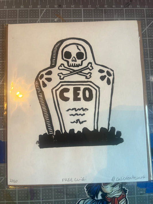 FREE LUIGI linocut CEO GRAVESTONE linocut handmade print