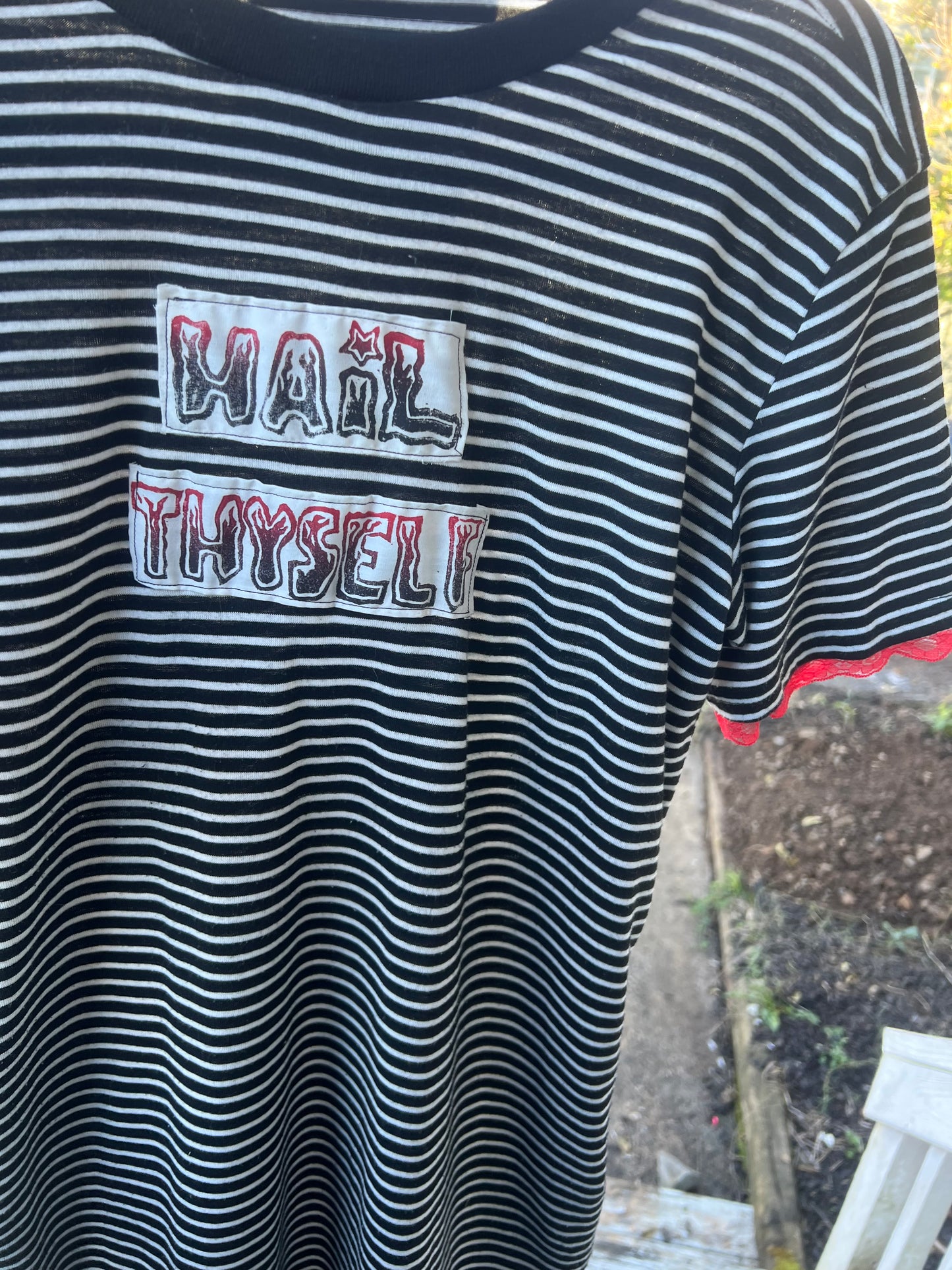 Hail Thyself Red Lace Black Striped T-shirt Dress Pockets size Small