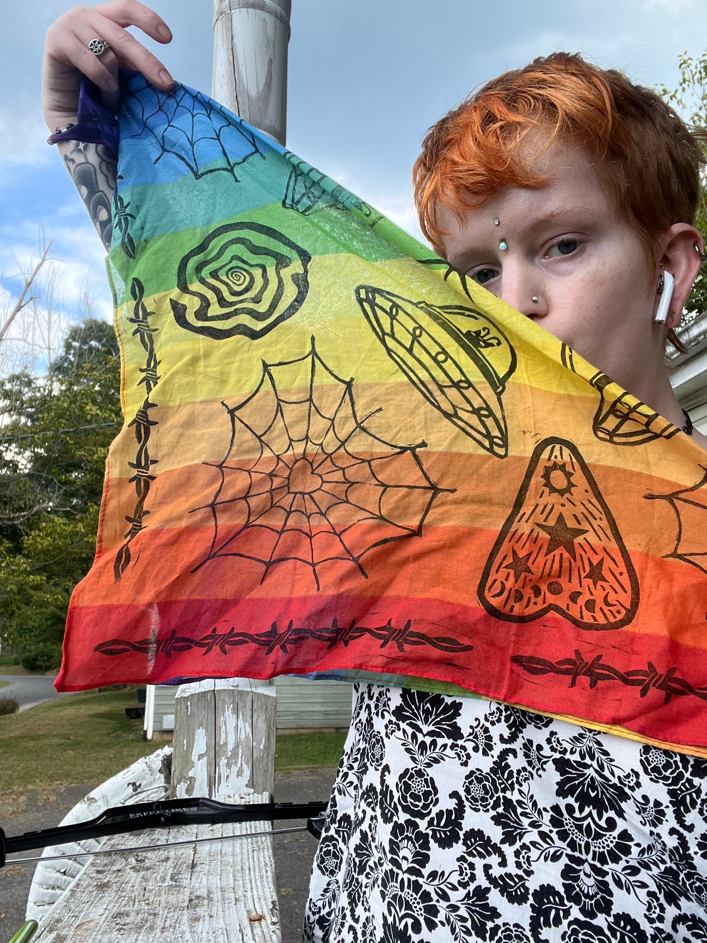 Rainbow Linocut Hand Printed Bandana