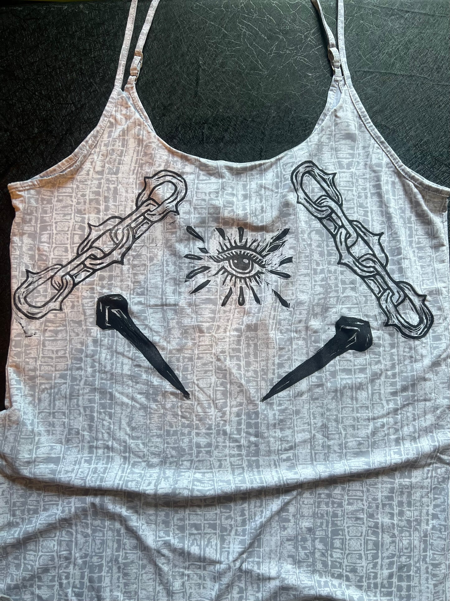 Decorated Grey/White Spaghetti Strap Tank Top Large
