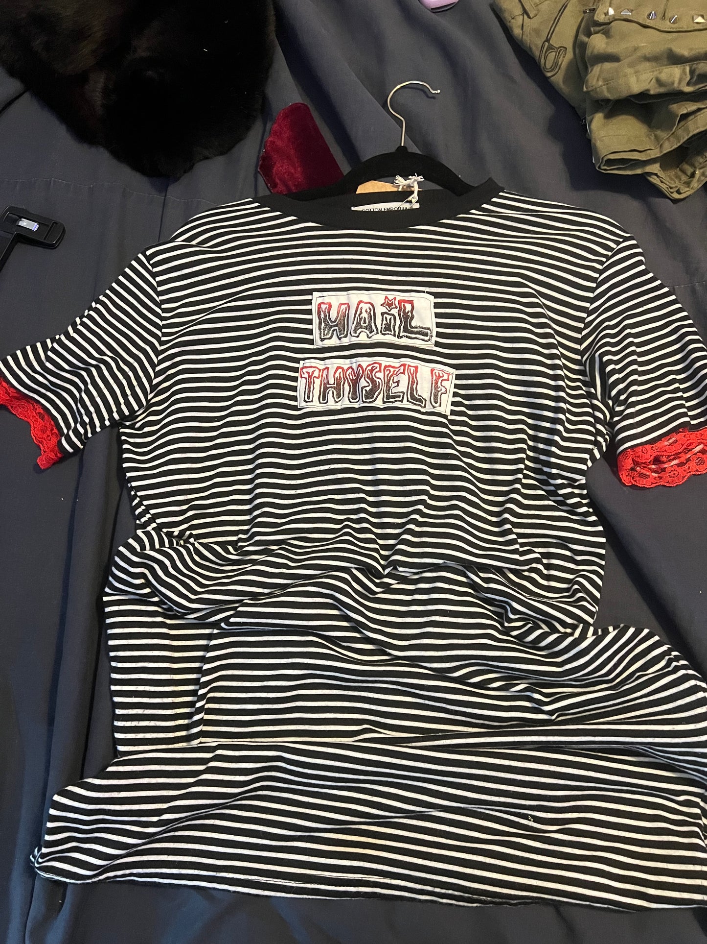 Hail Thyself Red Lace Black Striped T-shirt Dress Pockets size Small