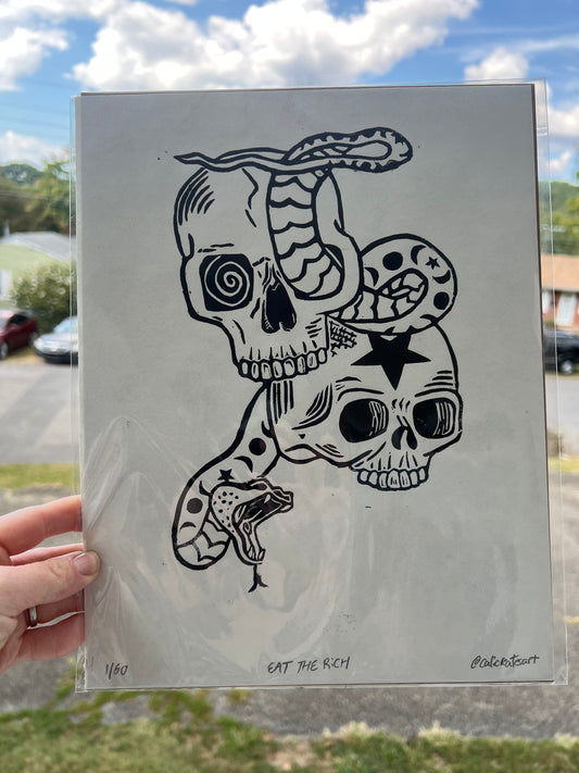 EAT THE RICH skull & snake handmade linocut print